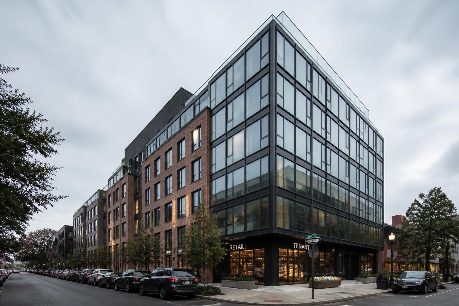 A generic Brooklyn mixed-use building, dramatic architectural photography