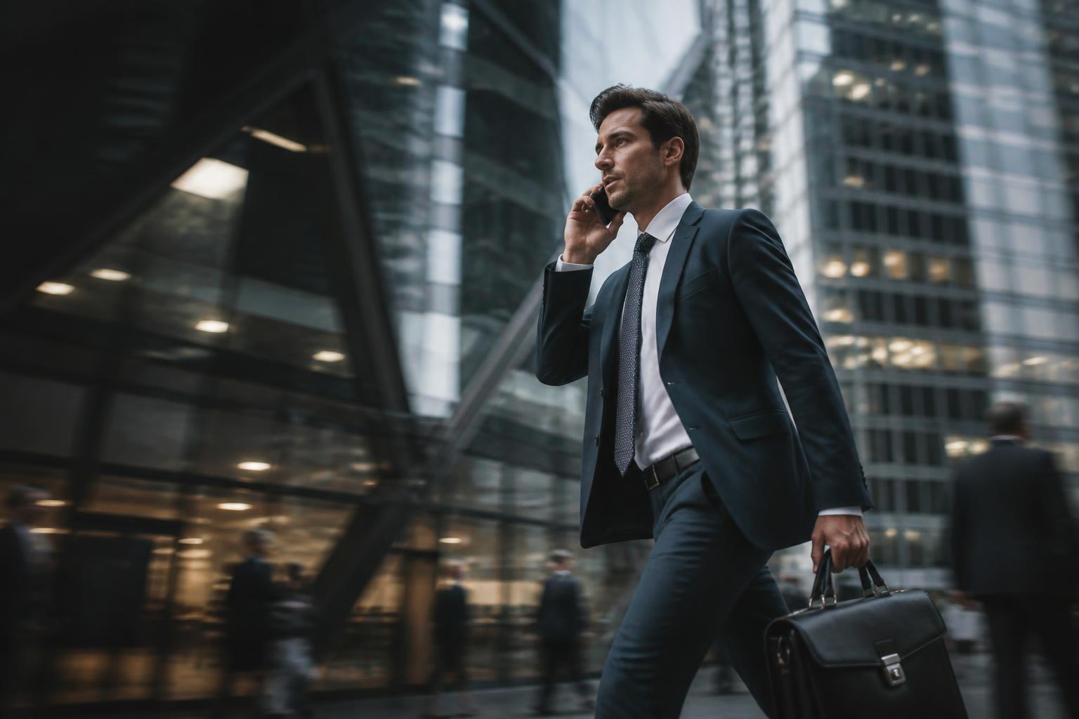 A businessman in a suit walking briskly while on the phone and carrying a briefcase